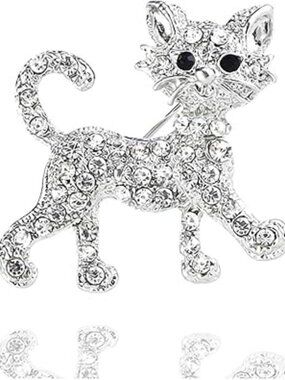 Cat Brooch Pin Rhinestone w Silver Sparkle Crystal Brooch Cute Clothing Hat